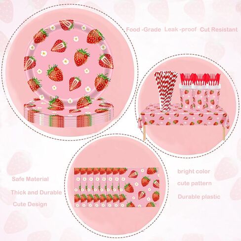 402 Pcs Strawberry Party Decorations, Party Supplies tablecloth Tableware Set Disposable 9'' 7'' Paper Plates 9 oz Cups Napkins Forks Knives Dinnerware Set for Birthday Baby Shower, Serve 50 Guests in Saudi Arabia