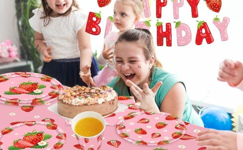402 Pcs Strawberry Party Decorations, Party Supplies tablecloth Tableware Set Disposable 9'' 7'' Paper Plates 9 oz Cups Napkins Forks Knives Dinnerware Set for Birthday Baby Shower, Serve 50 Guests in Saudi Arabia