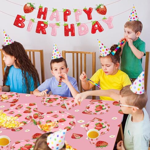 402 Pcs Strawberry Party Decorations, Party Supplies tablecloth Tableware Set Disposable 9'' 7'' Paper Plates 9 oz Cups Napkins Forks Knives Dinnerware Set for Birthday Baby Shower, Serve 50 Guests in Saudi Arabia