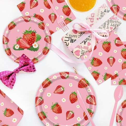 402 Pcs Strawberry Party Decorations, Party Supplies tablecloth Tableware Set Disposable 9'' 7'' Paper Plates 9 oz Cups Napkins Forks Knives Dinnerware Set for Birthday Baby Shower, Serve 50 Guests in Saudi Arabia