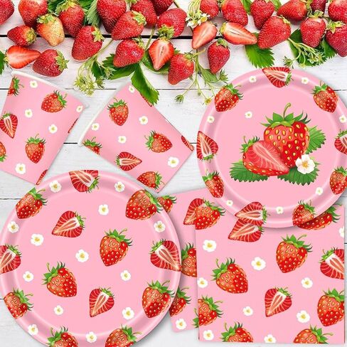 402 Pcs Strawberry Party Decorations, Party Supplies tablecloth Tableware Set Disposable 9'' 7'' Paper Plates 9 oz Cups Napkins Forks Knives Dinnerware Set for Birthday Baby Shower, Serve 50 Guests in Saudi Arabia