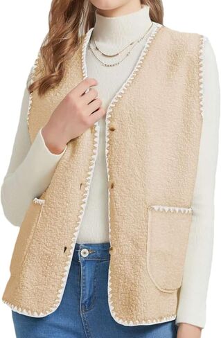 Womens Fuzzy Fleece Lightweight Vest Sleeveless Casual Button Down Sherpa Vest Jacket Waistcoat Teddy Coat Gilet in Saudi Arabia
