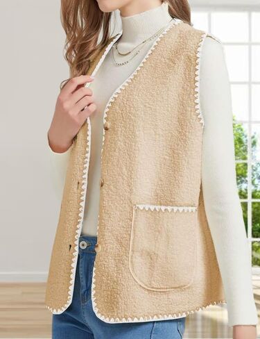 Womens Fuzzy Fleece Lightweight Vest Sleeveless Casual Button Down Sherpa Vest Jacket Waistcoat Teddy Coat Gilet in Saudi Arabia