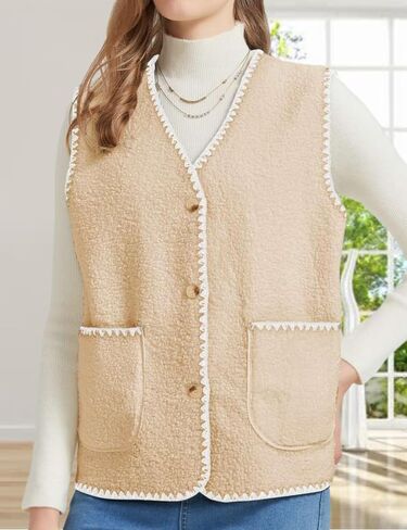 Womens Fuzzy Fleece Lightweight Vest Sleeveless Casual Button Down Sherpa Vest Jacket Waistcoat Teddy Coat Gilet in Saudi Arabia