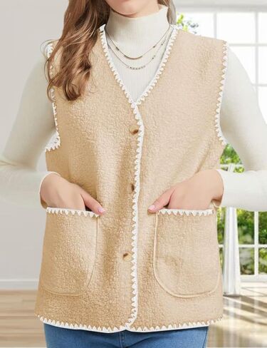 Womens Fuzzy Fleece Lightweight Vest Sleeveless Casual Button Down Sherpa Vest Jacket Waistcoat Teddy Coat Gilet in Saudi Arabia