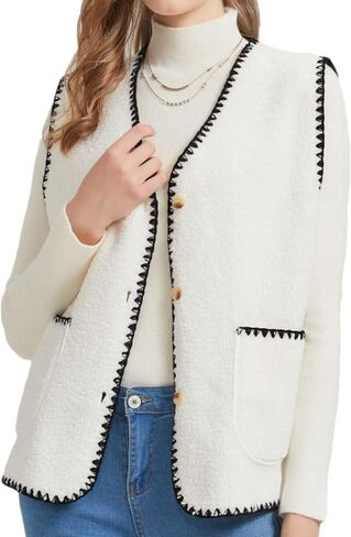 Womens Fuzzy Fleece Lightweight Vest Sleeveless Casual Button Down Sherpa Vest Jacket Waistcoat Teddy Coat Gilet in Saudi Arabia