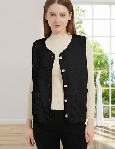 Womens Sherpa Fleece Lightweight Vest Fall Sleeveless Warm Button Down Fuzzy Jacket Outerwear Teddy Coat Gilet in Kuwait