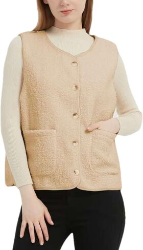 Womens Sherpa Fleece Lightweight Vest Fall Sleeveless Warm Button Down Fuzzy Jacket Outerwear Teddy Coat Gilet in Kuwait
