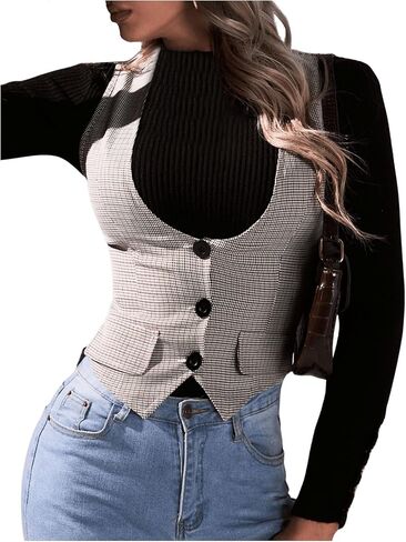 GORGLITTER Women's Plaid Checkered Vest Blazer Button Down Waistcoat Sleeveless Suit Vest in Saudi Arabia