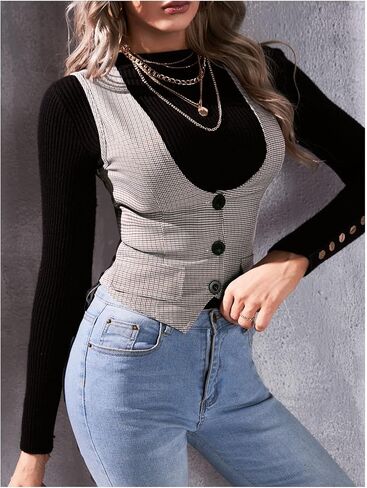 GORGLITTER Women's Plaid Checkered Vest Blazer Button Down Waistcoat Sleeveless Suit Vest in Saudi Arabia