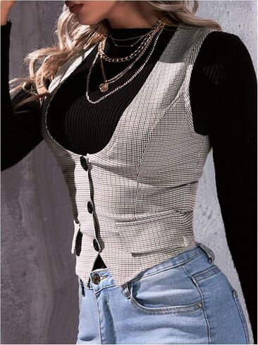 GORGLITTER Women's Plaid Checkered Vest Blazer Button Down Waistcoat Sleeveless Suit Vest in Saudi Arabia