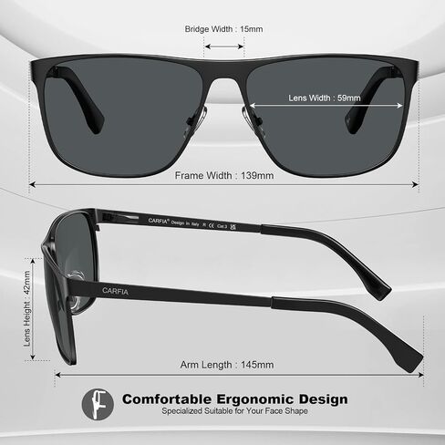CARFIA Spring Hinge Metal Polarized Sunglasses for Men UV400 Protection Lightweight Rectangular Sun Glasses in Kuwait
