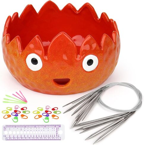 Coopay Flame Yarn Bowl for Knitting, Cute Yarn Storage Bowl with 8PCS Circular Knitting Needles Set 80cm (2.0-8.0mm) & Accessories, Large Ceramic Yarn Bowl 7in Crochet Knitting Bowl for Beginners in Saudi Arabia