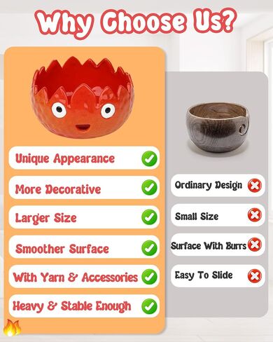 Coopay Flame Yarn Bowl for Knitting, Cute Yarn Storage Bowl with 8PCS Circular Knitting Needles Set 80cm (2.0-8.0mm) & Accessories, Large Ceramic Yarn Bowl 7in Crochet Knitting Bowl for Beginners in Saudi Arabia