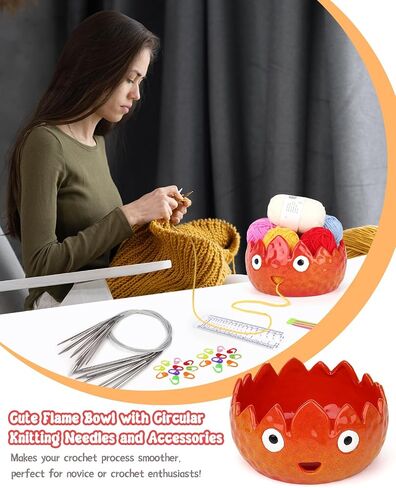 Coopay Flame Yarn Bowl for Knitting, Cute Yarn Storage Bowl with 8PCS Circular Knitting Needles Set 80cm (2.0-8.0mm) & Accessories, Large Ceramic Yarn Bowl 7in Crochet Knitting Bowl for Beginners in Saudi Arabia