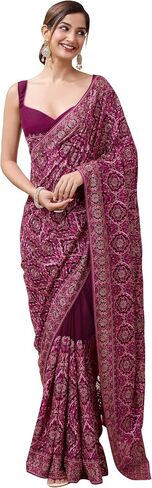 TRENDMALLS Women's Vichitra Silk Embroidery Siroski work Saree with Unstitch Blouse Piece (K1088-Pink) in Kuwait