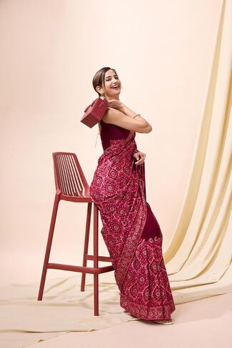 TRENDMALLS Women's Vichitra Silk Embroidery Siroski work Saree with Unstitch Blouse Piece (K1088-Pink) in Kuwait
