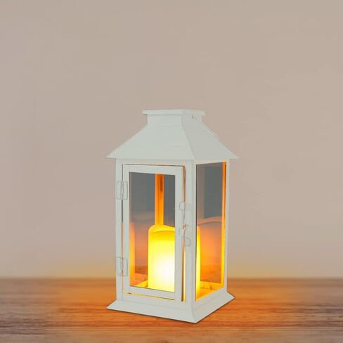 Metal Candle Lantern Decorative Outdoor Lantern Candle Holder with Tempered Glass for Thanksgiving Christmas Living Room Garden Patio Parties Indoors Outdoors with LED (White) in Saudi Arabia