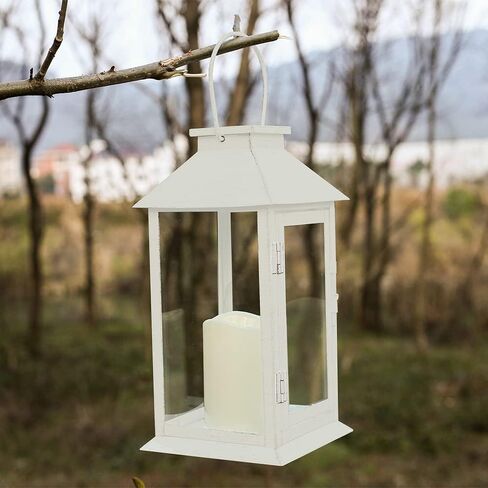 Metal Candle Lantern Decorative Outdoor Lantern Candle Holder with Tempered Glass for Thanksgiving Christmas Living Room Garden Patio Parties Indoors Outdoors with LED (White) in Saudi Arabia