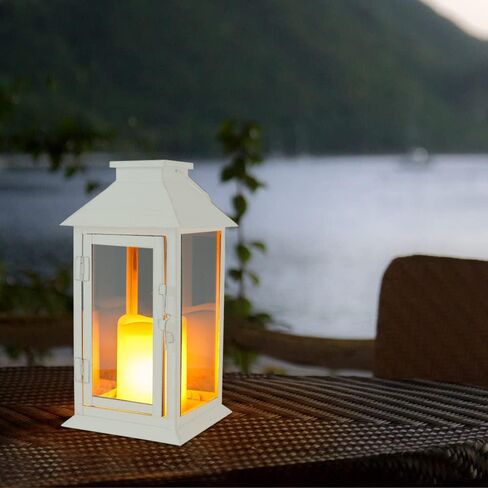 Metal Candle Lantern Decorative Outdoor Lantern Candle Holder with Tempered Glass for Thanksgiving Christmas Living Room Garden Patio Parties Indoors Outdoors with LED (White) in Saudi Arabia