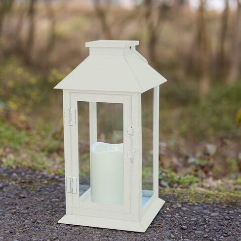 Metal Candle Lantern Decorative Outdoor Lantern Candle Holder with Tempered Glass for Thanksgiving Christmas Living Room Garden Patio Parties Indoors Outdoors with LED (White) in Saudi Arabia