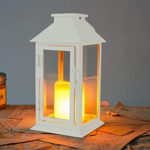 Metal Candle Lantern Decorative Outdoor Lantern Candle Holder with Tempered Glass for Thanksgiving Christmas Living Room Garden Patio Parties Indoors Outdoors with LED (White) in Saudi Arabia