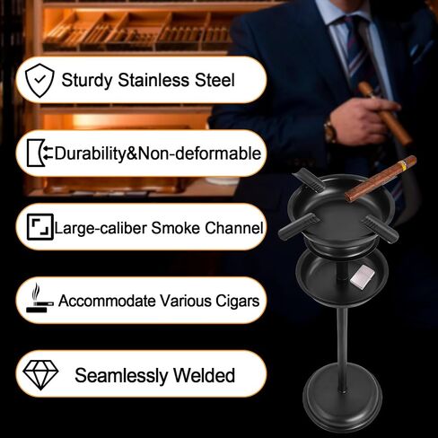Cigar Ashtray Floor Standing for Patio, Detachable Accessory Tray, Stable Polished Stainless Steel Ashtray for Indoor/Outdoor Use, Standing Ashtray for Cigar Enthusiast in Saudi Arabia