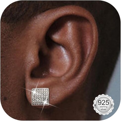 925 Sterling Silver Earrings for Men Women - Hypoallergenic Cubic Zirconia Stud Earrings 18K Gold Plated Mens Earrings 12MM Large Square Diamond Stud Earrings for Sensitive Ears in Saudi Arabia