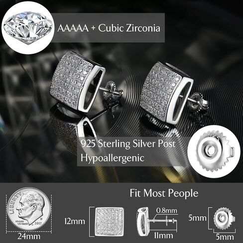 925 Sterling Silver Earrings for Men Women - Hypoallergenic Cubic Zirconia Stud Earrings 18K Gold Plated Mens Earrings 12MM Large Square Diamond Stud Earrings for Sensitive Ears in Saudi Arabia