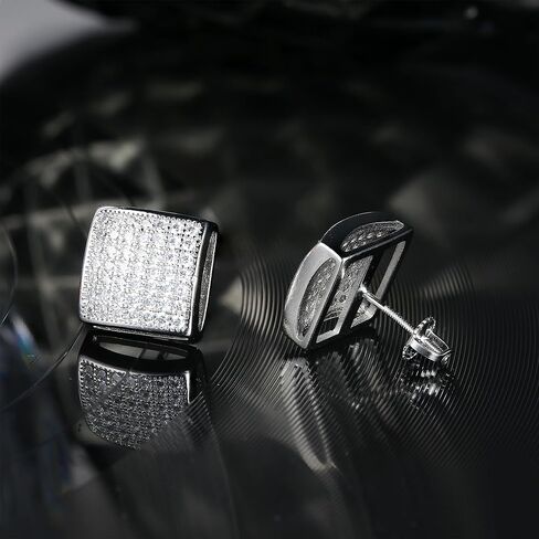 925 Sterling Silver Earrings for Men Women - Hypoallergenic Cubic Zirconia Stud Earrings 18K Gold Plated Mens Earrings 12MM Large Square Diamond Stud Earrings for Sensitive Ears in Saudi Arabia
