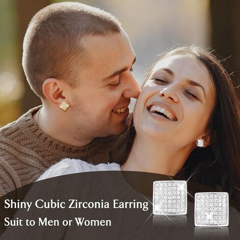 925 Sterling Silver Earrings for Men Women - Hypoallergenic Cubic Zirconia Stud Earrings 18K Gold Plated Mens Earrings 12MM Large Square Diamond Stud Earrings for Sensitive Ears in Saudi Arabia