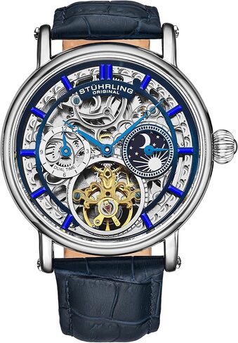 ساعة Stuhrling Original للرجال أوتوماتيكية بهيكل فضي، إطار فضي، حزام جلد أصلي منقوش بنقشة التمساح in Saudi Arabia