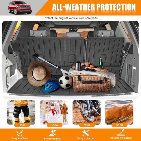 حصيرة مسند الظهر متوافقة مع 2018-2024 Ford Expedition Max/Lincoln Navigator L Cargo Liner Trunk Mat for Expedition Max Accessories غطاء المقعد الخلفي (حصيرة صندوق السيارة + حصيرة مسند الظهر) in Kuwait