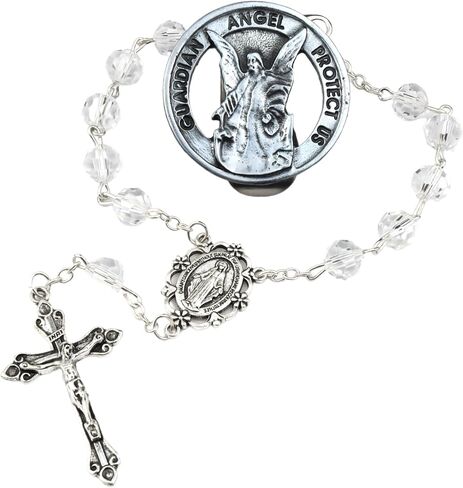 Catholic Car Decorations, Clear Auto Prayer Rosary for Gear Shift and Guardian Angel Visor Clip, Religious Gift for New Drivers in Saudi Arabia