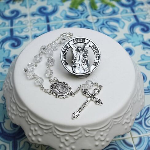 Catholic Car Decorations, Clear Auto Prayer Rosary for Gear Shift and Guardian Angel Visor Clip, Religious Gift for New Drivers in Saudi Arabia