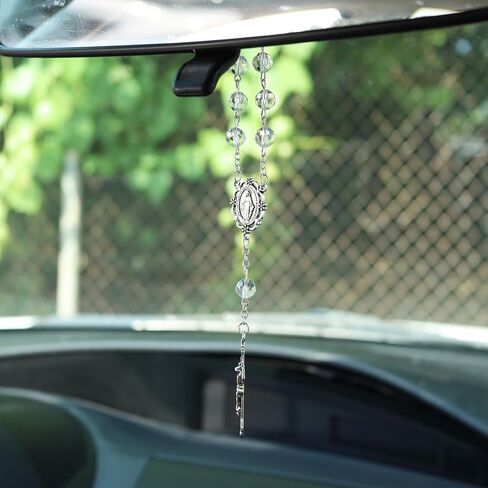 Catholic Car Decorations, Clear Auto Prayer Rosary for Gear Shift and Guardian Angel Visor Clip, Religious Gift for New Drivers in Saudi Arabia