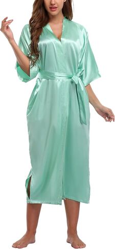 Women's Long Satin Robe Silk Kimonos Bathrobe with Pockets Pure Color Sleepwear Nightgown Short Sleeves Plus Size in Saudi Arabia