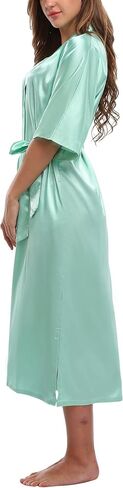 Women's Long Satin Robe Silk Kimonos Bathrobe with Pockets Pure Color Sleepwear Nightgown Short Sleeves Plus Size in Saudi Arabia