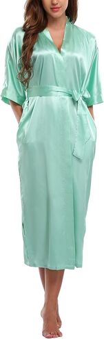 Women's Long Satin Robe Silk Kimonos Bathrobe with Pockets Pure Color Sleepwear Nightgown Short Sleeves Plus Size in Saudi Arabia
