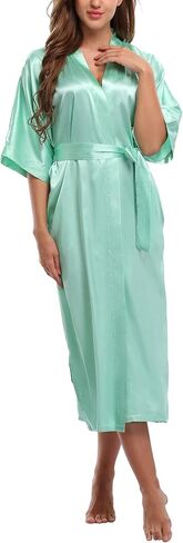 Women's Long Satin Robe Silk Kimonos Bathrobe with Pockets Pure Color Sleepwear Nightgown Short Sleeves Plus Size in Saudi Arabia