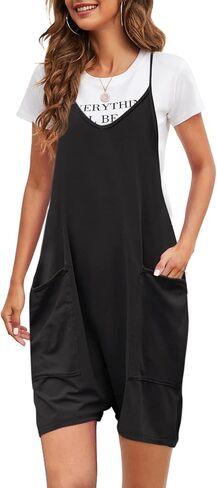 Nirovien ثوب فضفاض نسائي كبير الحجم بدون أكمام وحزام سباغيتي قصير مع جيب وقطعة واحدة فضفاضة (أسود، S) in Kuwait