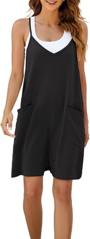 Nirovien ثوب فضفاض نسائي كبير الحجم بدون أكمام وحزام سباغيتي قصير مع جيب وقطعة واحدة فضفاضة (أسود، S) in Kuwait