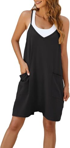 Nirovien ثوب فضفاض نسائي كبير الحجم بدون أكمام وحزام سباغيتي قصير مع جيب وقطعة واحدة فضفاضة (أسود، S) in Kuwait