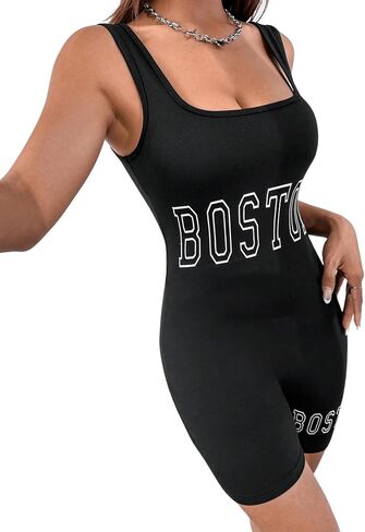 MakeMeChic Women's Letter Graphic Yoga Romper Sleeveless Tank Unitard Short Jumpsuit in Saudi Arabia