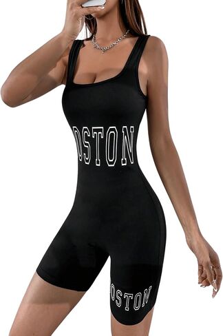 MakeMeChic Women's Letter Graphic Yoga Romper Sleeveless Tank Unitard Short Jumpsuit in Saudi Arabia