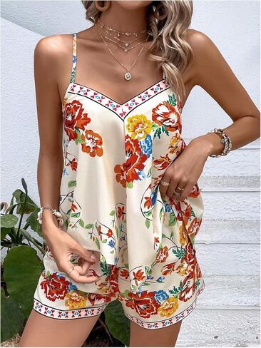 MakeMeChic Women's 2 Piece Boho Outfit Floral Print Flared Hem Cami Top and Straight Leg Shorts Matching Set in Saudi Arabia