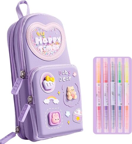Mini Backpack Pencil Case Art Marker Storage Canvas Makeup Pocket Small Gadget Bag Organizer Random Free of Highlighters (Bear Purple) in Kuwait