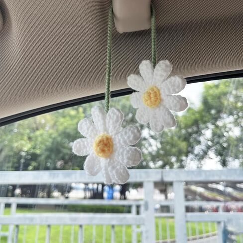 Crochet Daisy Car Accessories for Women Girls, Handmade Crochet Daisy Flower Cute Rear View Mirror Hanging Charms Accessories Aesthetic Car Mirror Decor (White) in Kuwait