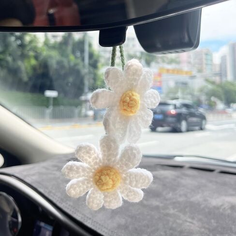 Crochet Daisy Car Accessories for Women Girls, Handmade Crochet Daisy Flower Cute Rear View Mirror Hanging Charms Accessories Aesthetic Car Mirror Decor (White) in Kuwait