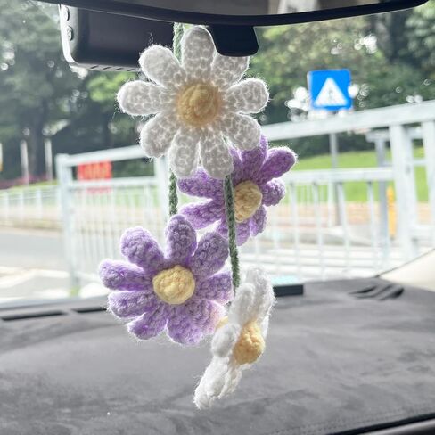 Crochet Daisy Car Accessories for Women Girls, Handmade Crochet Daisy Flower Cute Rear View Mirror Hanging Charms Accessories Aesthetic Car Mirror Decor (White) in Kuwait